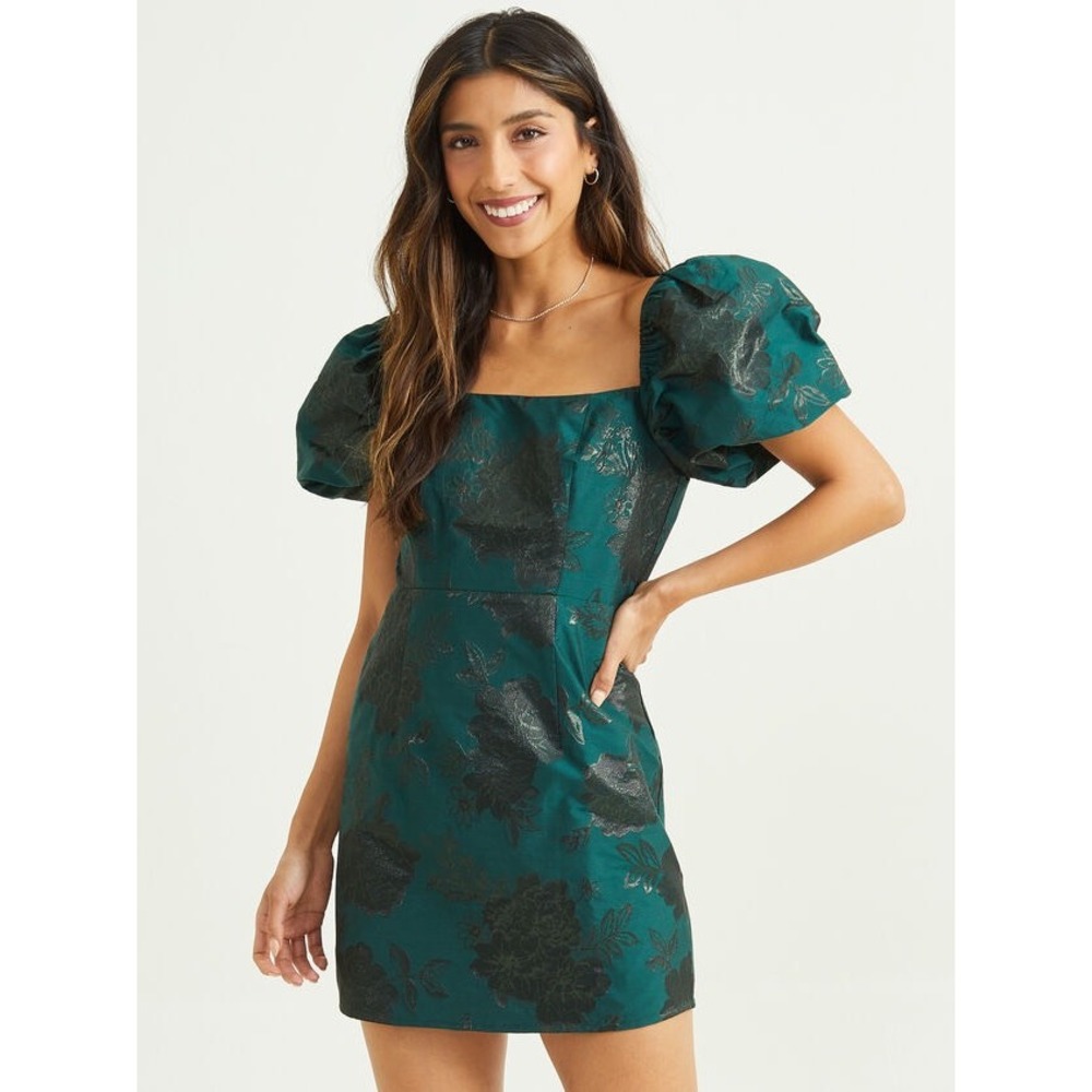 Altar'd State Skylar Emerald‎ Green Floral Jacquard Puff Sleeve Mini Dress